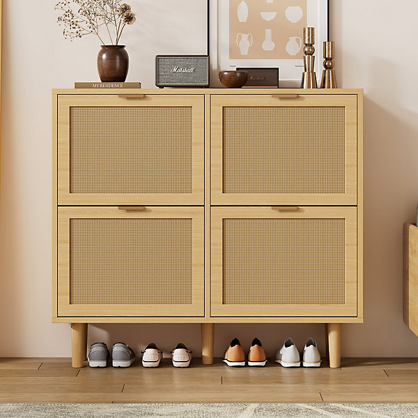 Meuble à chaussures 100 cm avec 4 portes basculantes rotin, décor chêne clair, pieds en bois, gain de place