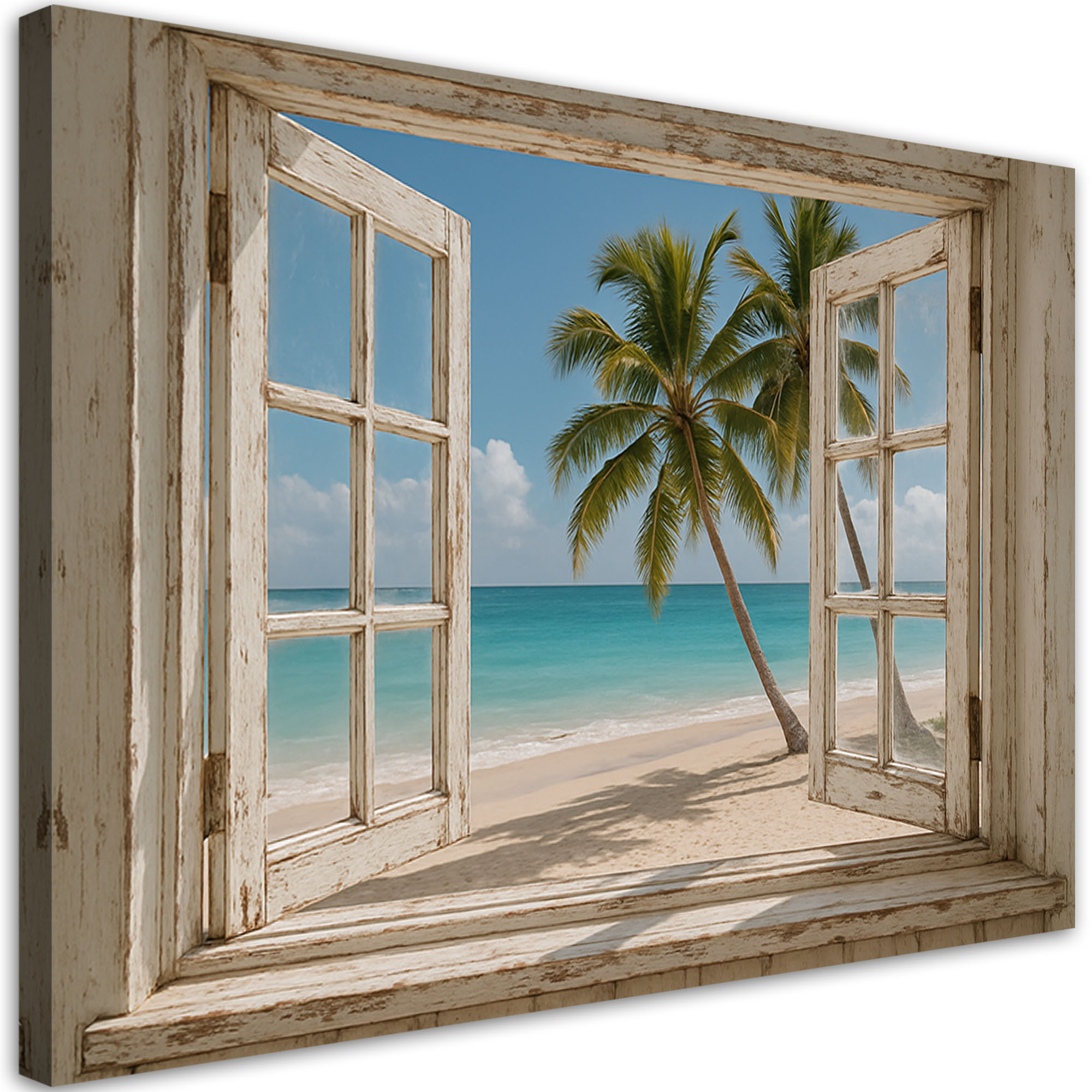 Obraz do salonu sypialni, Widok z okna na plażę palmy Shabby Chic 30x20