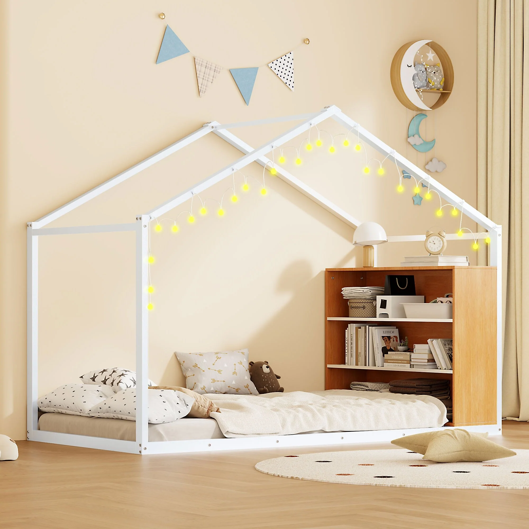 Twin Metal House Bed Frame with Side Shelves and Warm LED Lights, Sturdy Playhouse Design