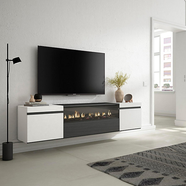 Meuble TV 200x35x45cm feu led sans chaleur mural couleur blanc et noir