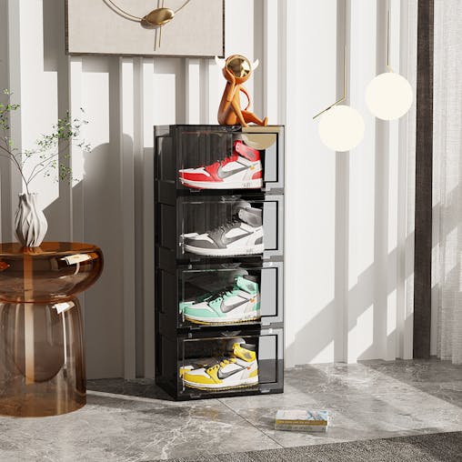 SOGA 4 Tier Black Portable Shoe Organiser Sneaker Footwear Folding Plastic Bin Stackable Storage Box with Magnetic Door