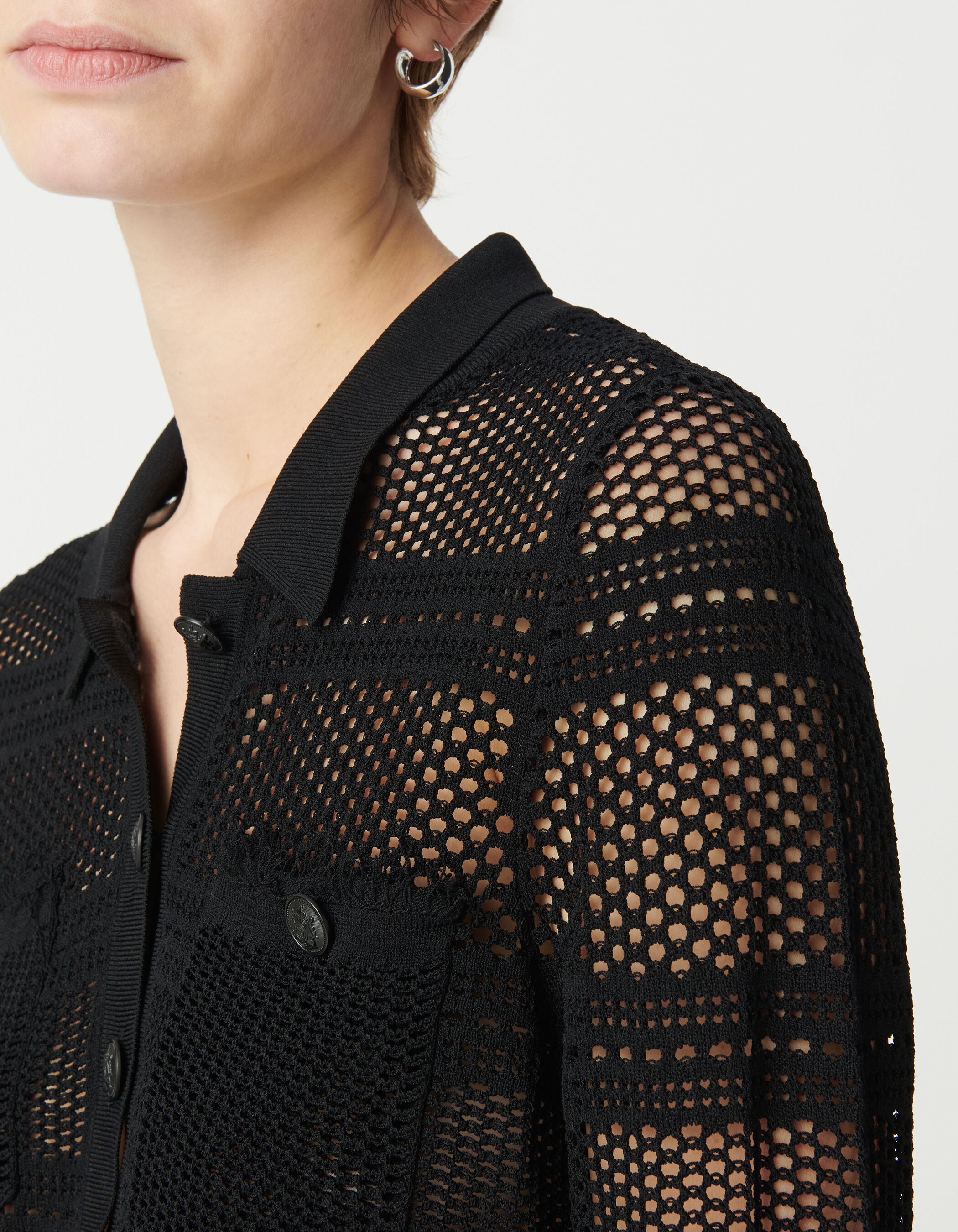 Cardigan court noir tricot ajouré Femme