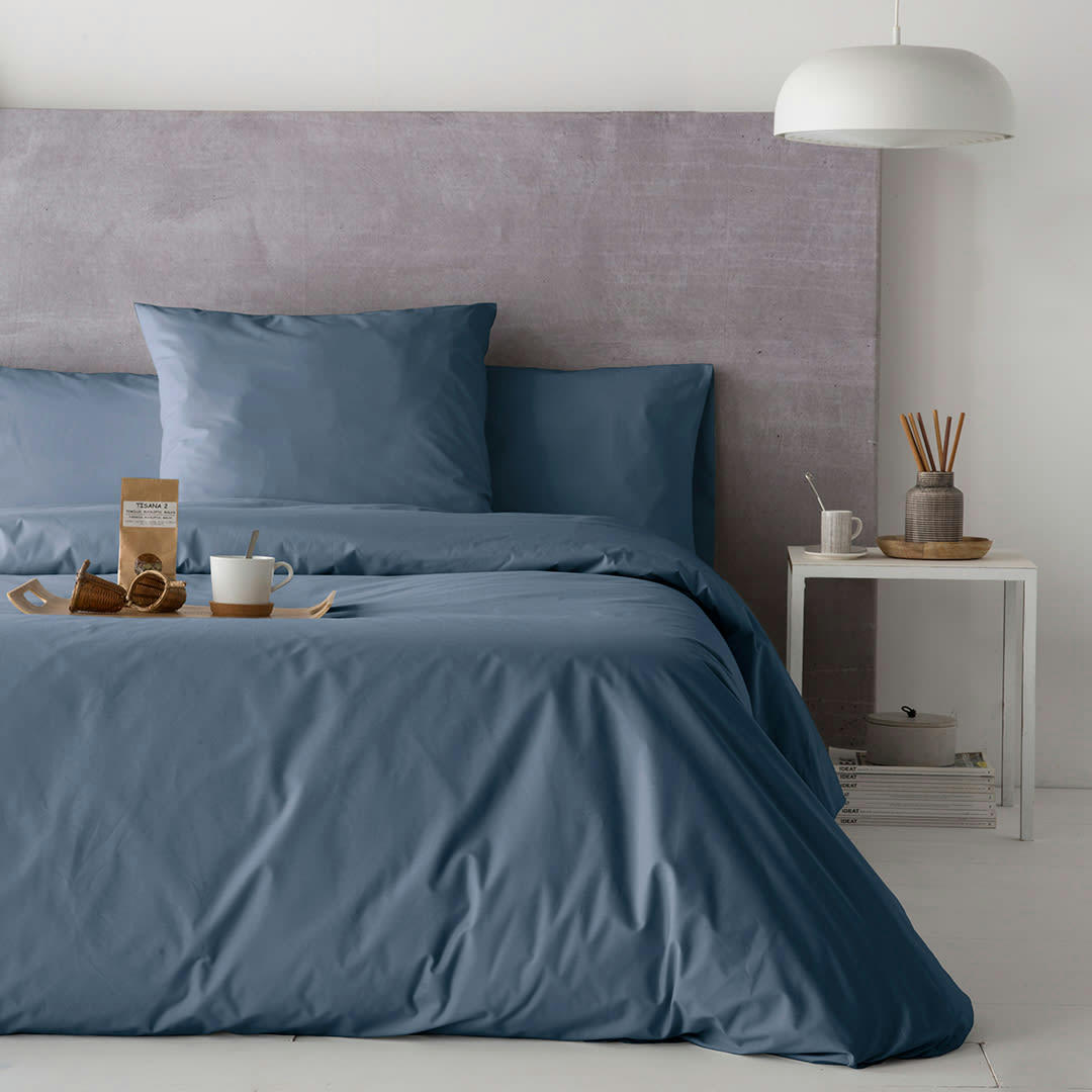 PURE HDC - Housse de couette en percale de coton 155x220 cm bleu