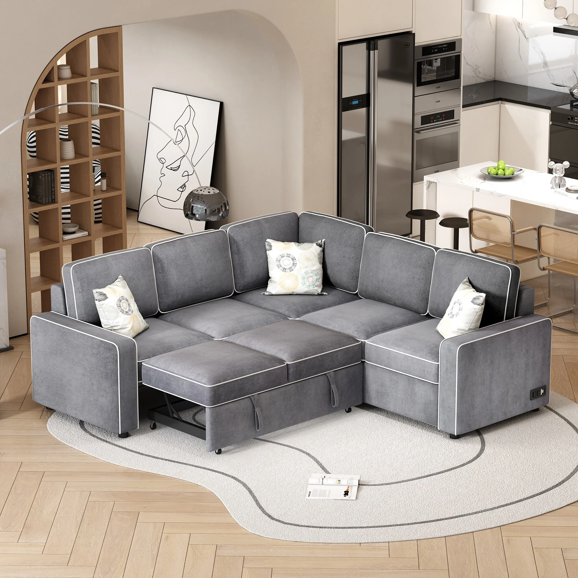83 L-Shaped Convertible 5-Seat Sectional Sofa with USB Ports, Power Sockets, Pull-Out Bed, and 3 Cushions