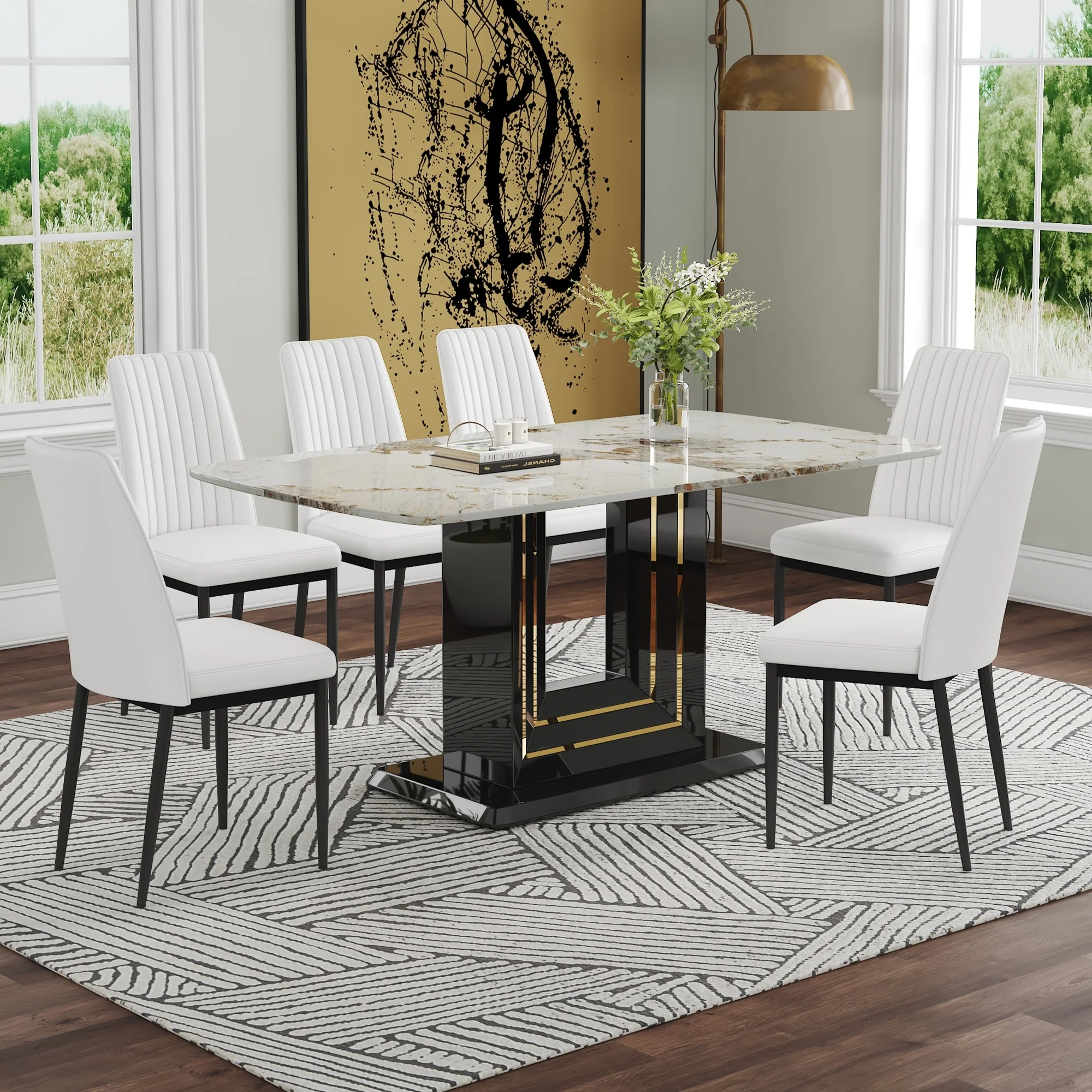 7-Piece Dining Table Set with Faux Marble Rectangular Table & 6 Chairs