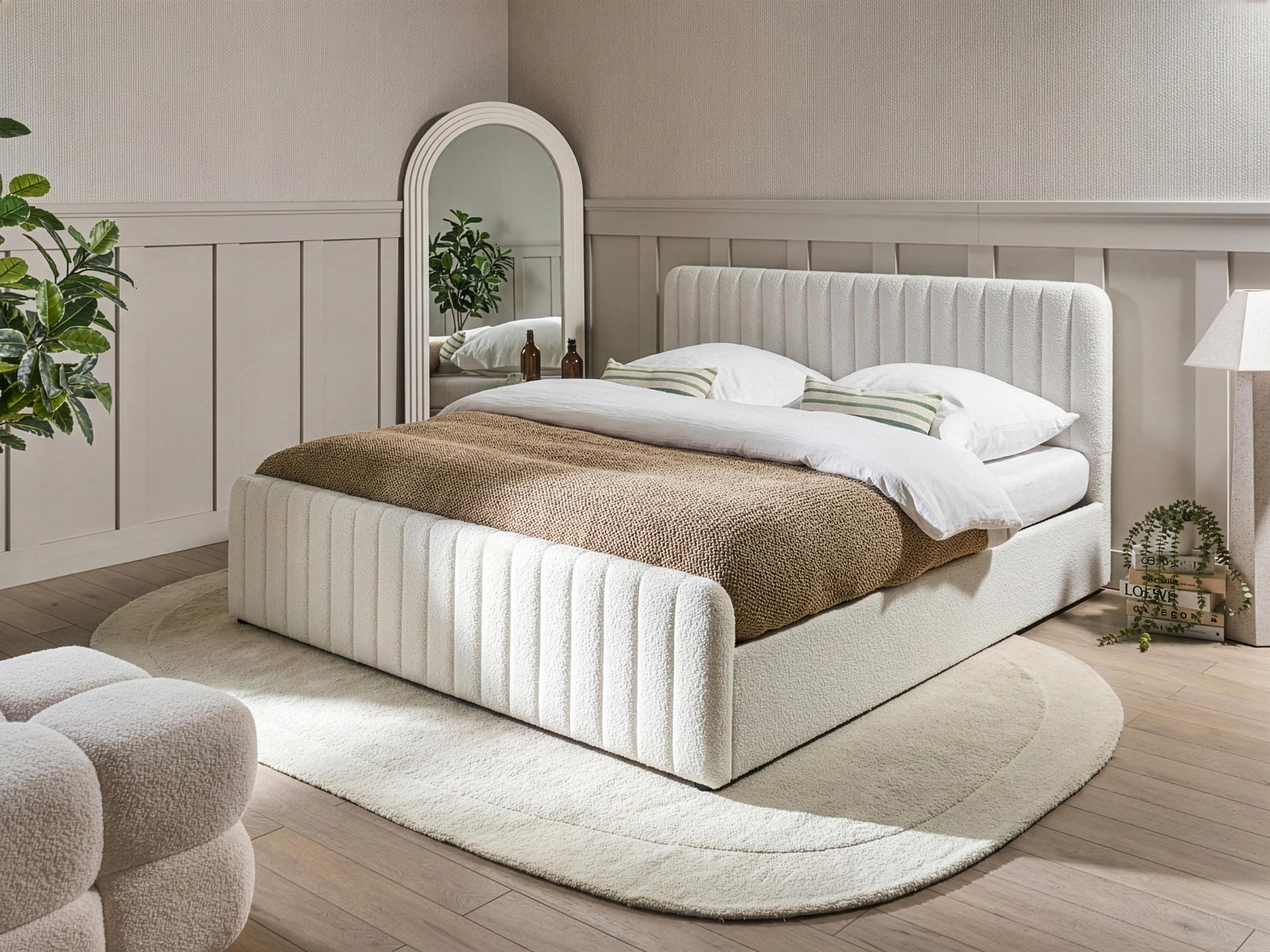 Ottoman Bed Boucle LUNAN 180 x 200 cm (EU Super King) White