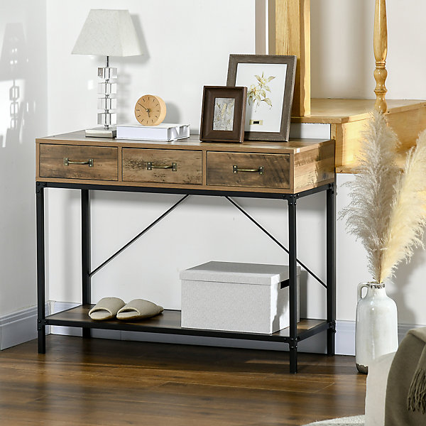 Console table d'appoint design industriel 3 tiroirs étagère acier noir panneaux particules aspect bois vieilli