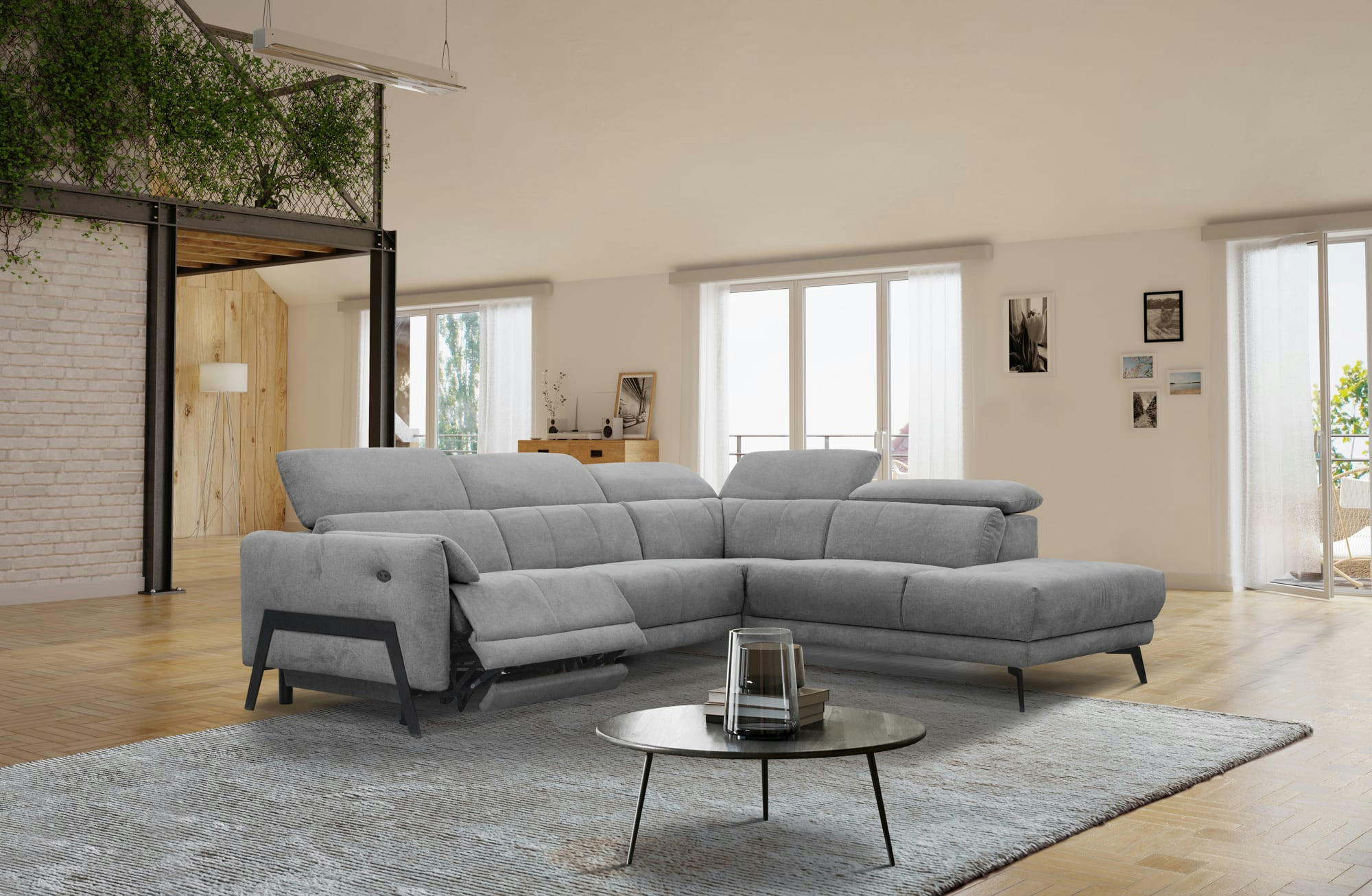 SCALA - Canapé d'angle droit, 5 places, relax électrique, Tissu Anthracite