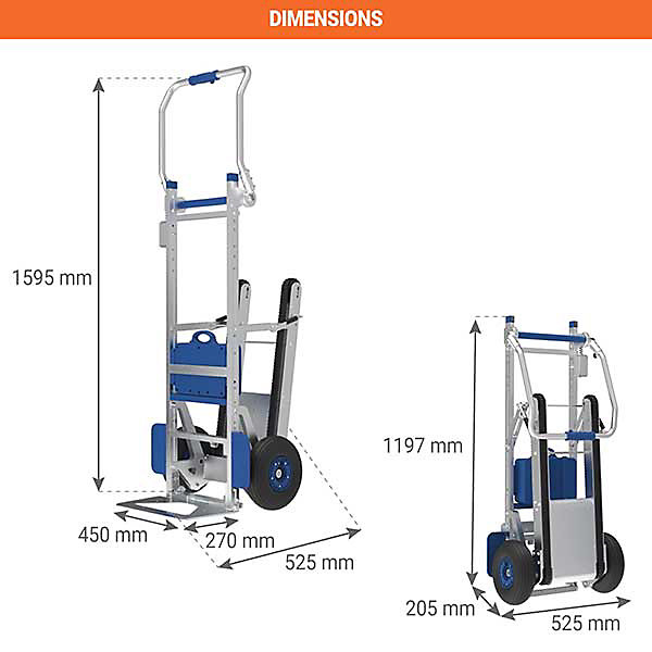 Diable électrique escalier pliable - Pelle 450x270mm - Charge 150kg - DCE150
