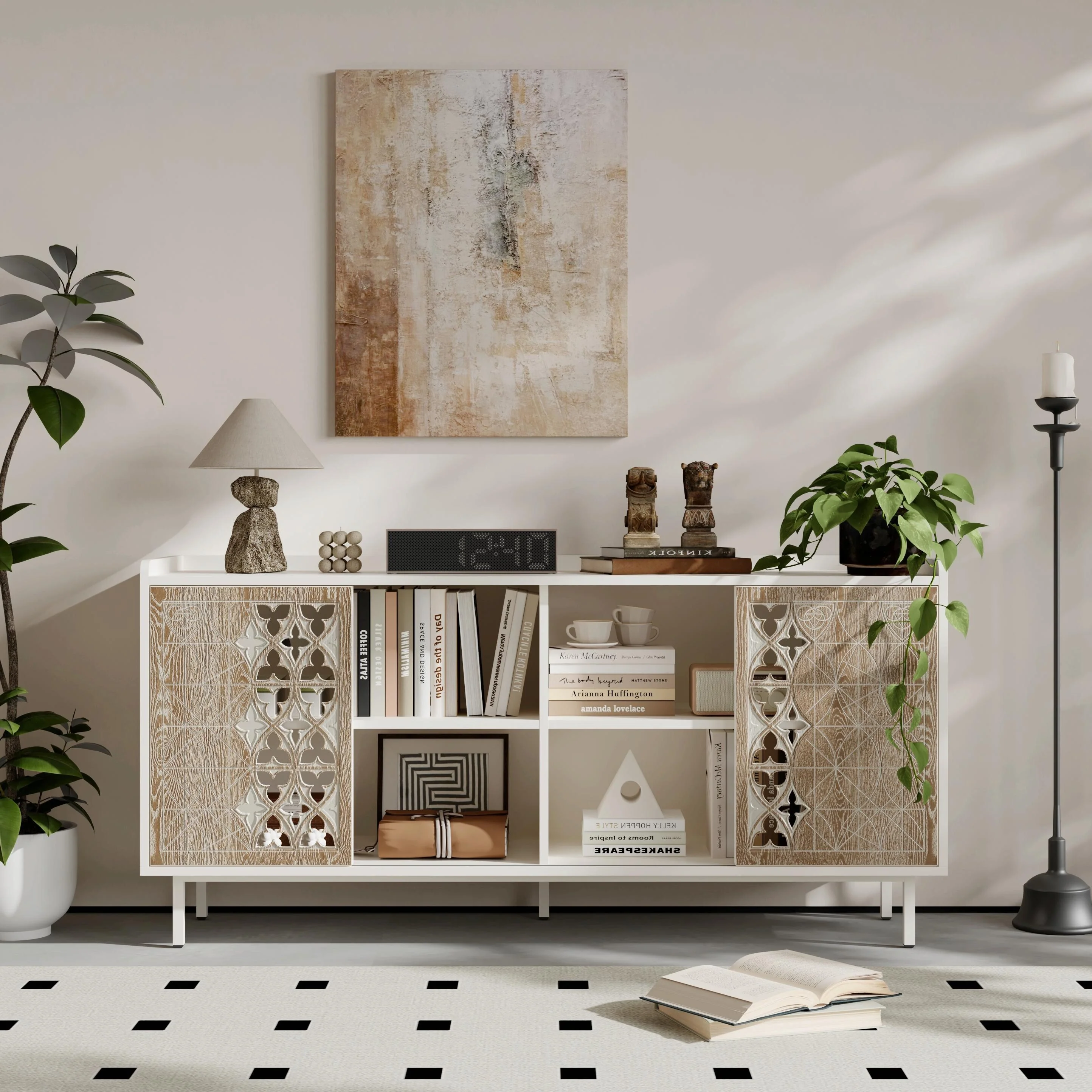 Mid Century Sideboard with Sliding Doors - Rustic Wood TV Stand