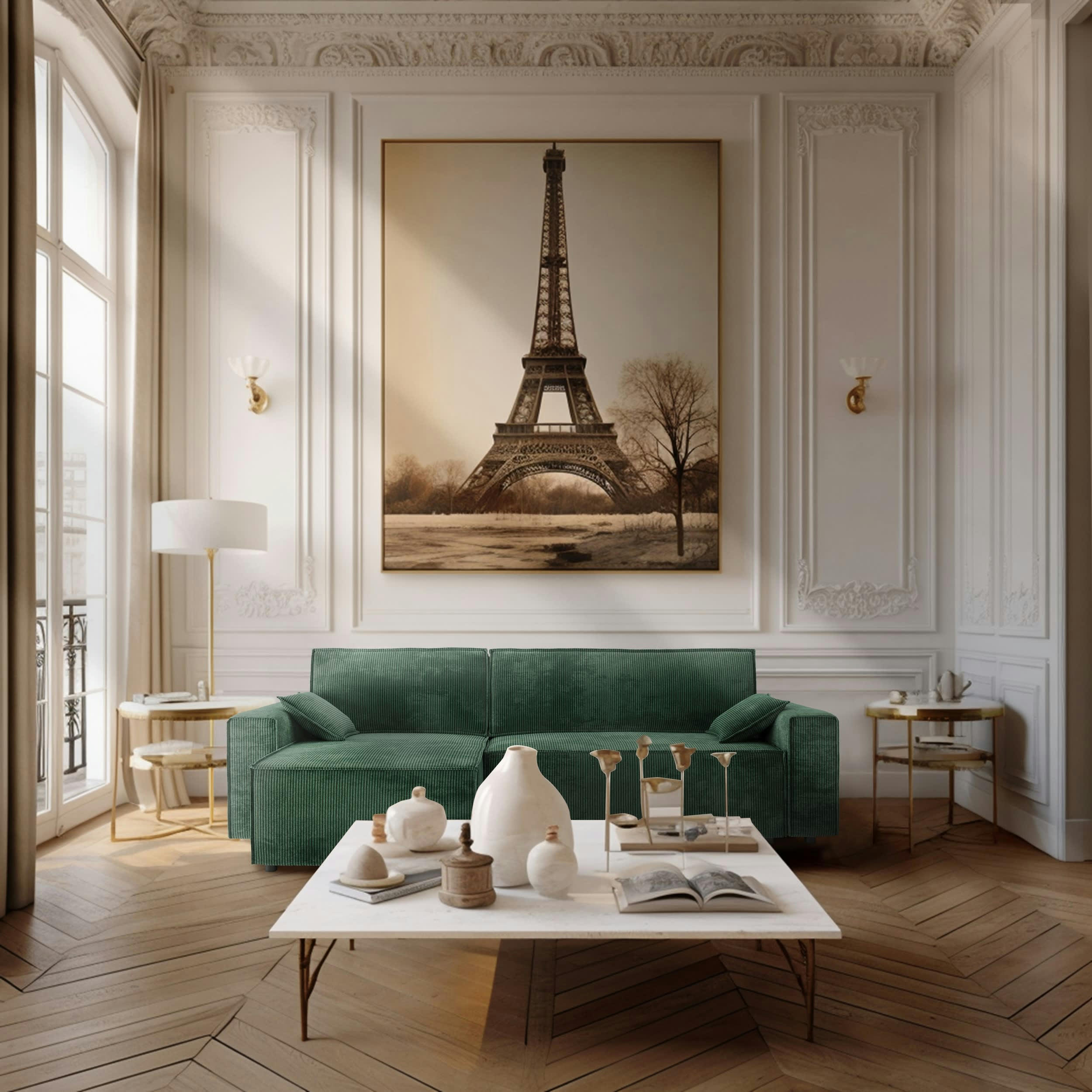 DURIF - Canapé d'angle réversible convertible 4 places en velours côtelé vert