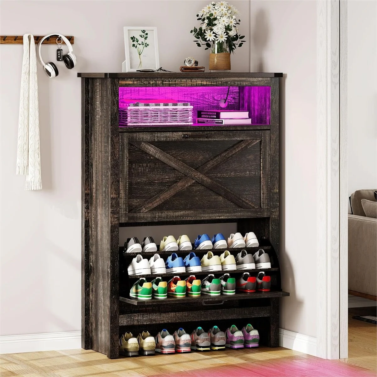 Moasis 2 Flip Drawers Shoe Storage Cabinet with LED Lights 16 Pairs Shoe Rack for Entryway