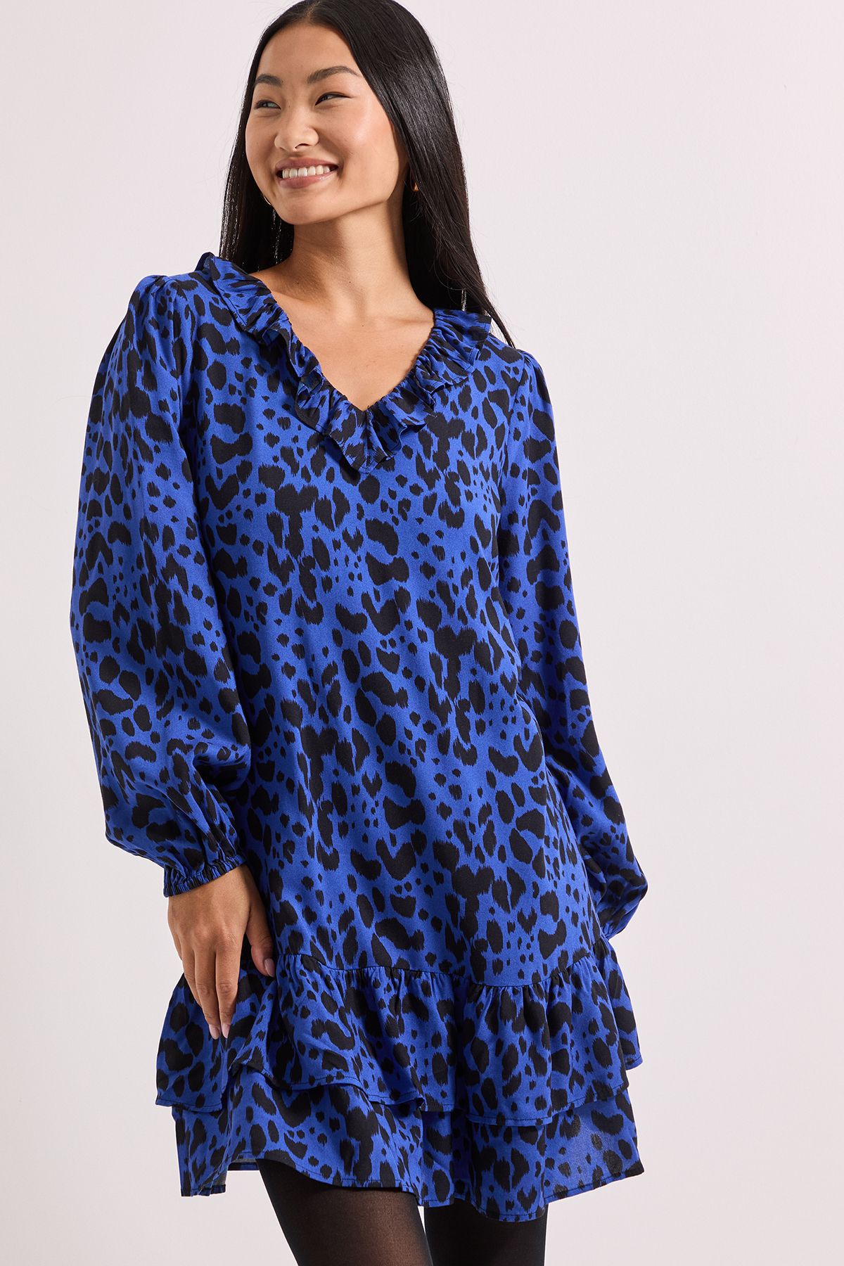 Dorothy Perkins Petite Printed Collar Detail Blouson Sleeve Tiered Mini Dress