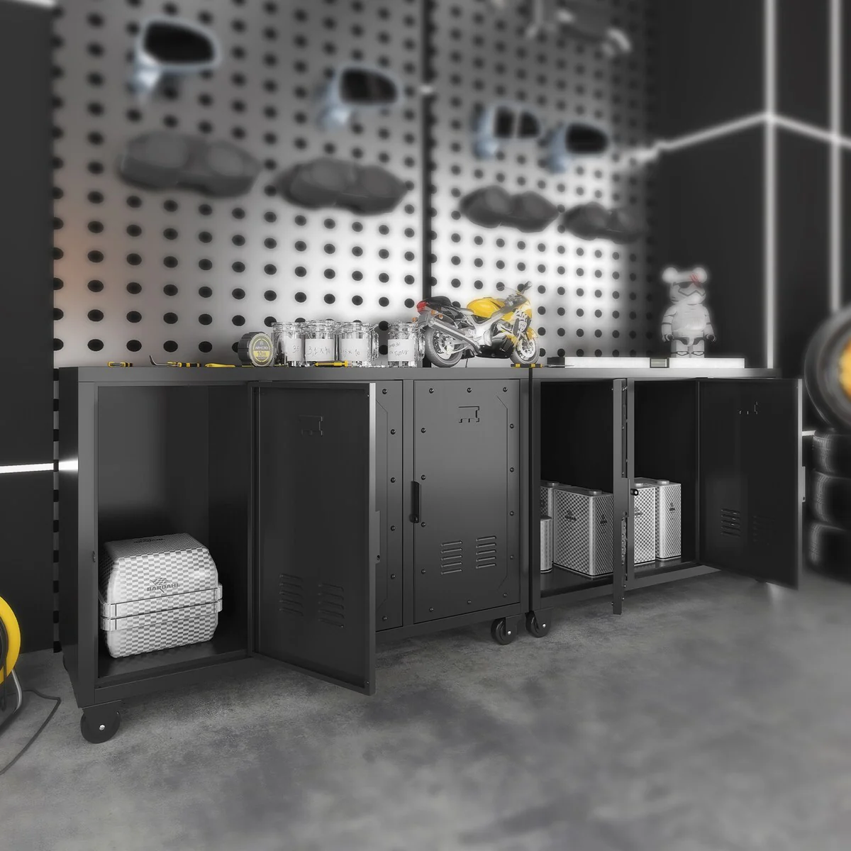 Metal Storage Cabinet with Wheels,Garage Storage Cabinet with 3 Doors ,Sturdy and Durable Heavy Duty Utility Storage Cabinet