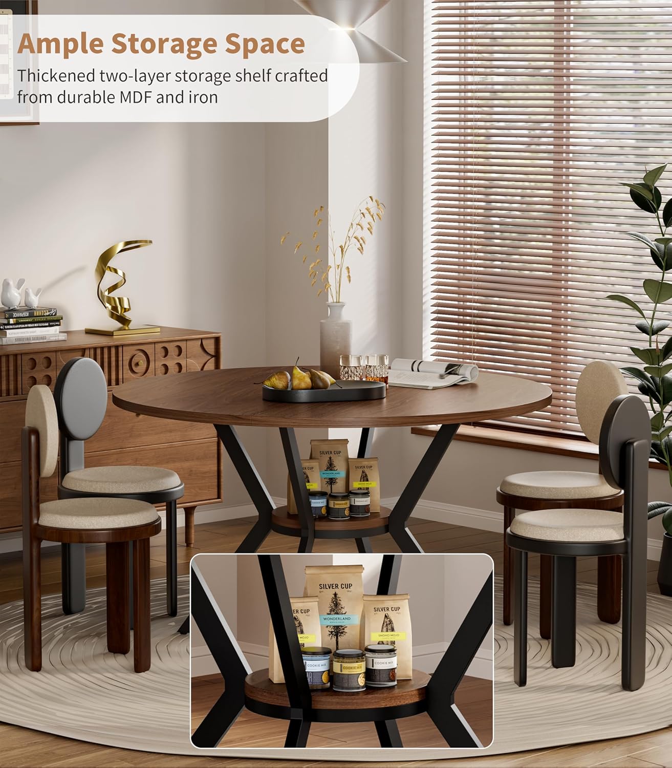42 Round Dining Table for 4, Farmhouse Kitchen Table with Storage, Space Saving Circle Dinner Table, Rustic Wood Kitchen & Dining Room Tables with Metal Legs for Kitchen, Living Room, Dining Room