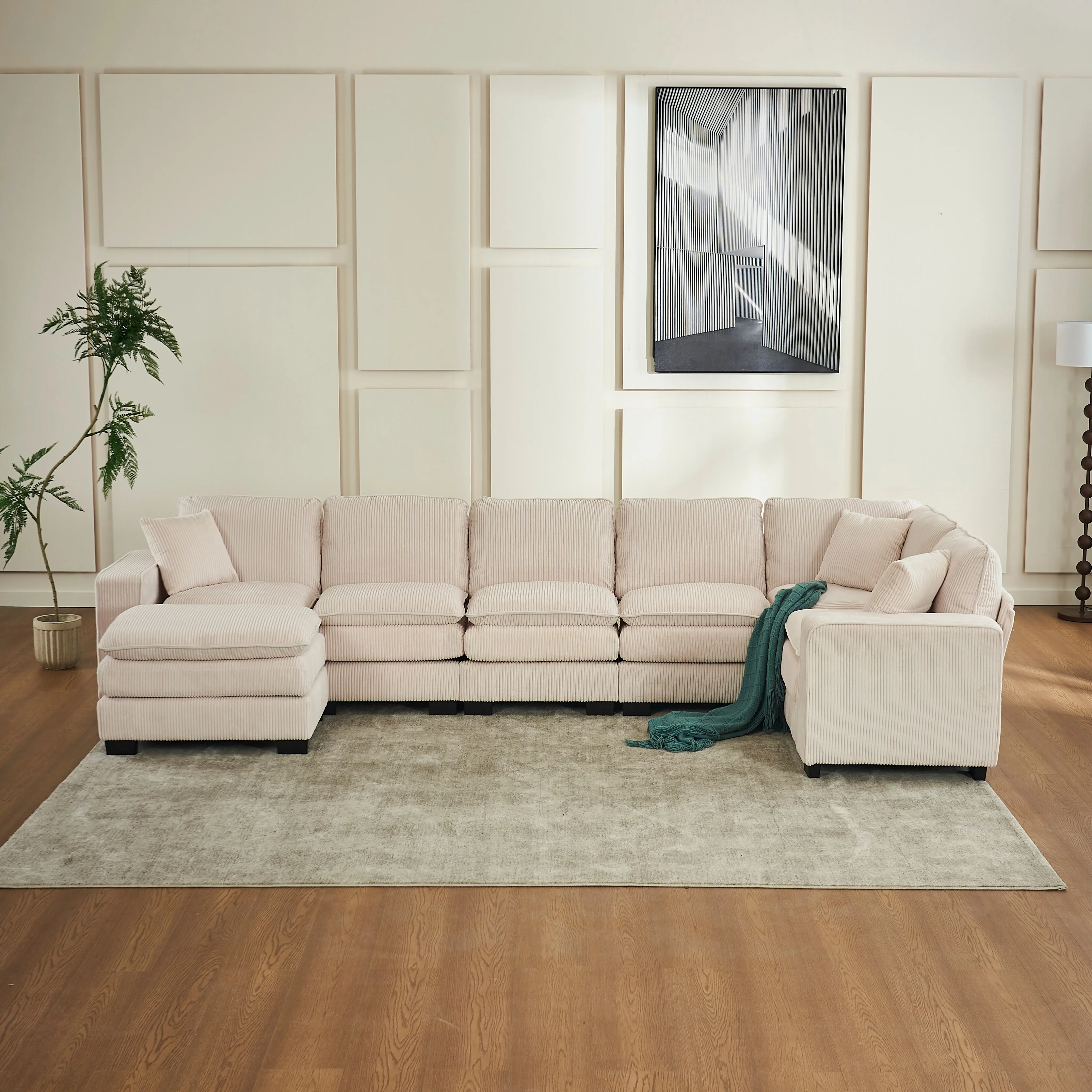 Modern U Shaped 6-seat Sectional Sofa Couch with Ottoman 3 toss pillows ,Modular Sofa for Living Room,Corduroy Sofa