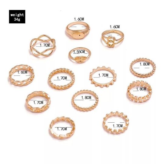 The Colourful Aura 13 Pcs Gold Stone Metallic Stacking Multi Size Knuckle Midi Ring Set