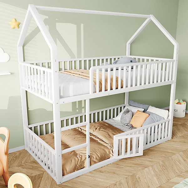 Lit Superposé 90x200 cm - Lit enfant avec Escalier Sécurisé et Barrière de Protection - Sans Matelas - Blanc