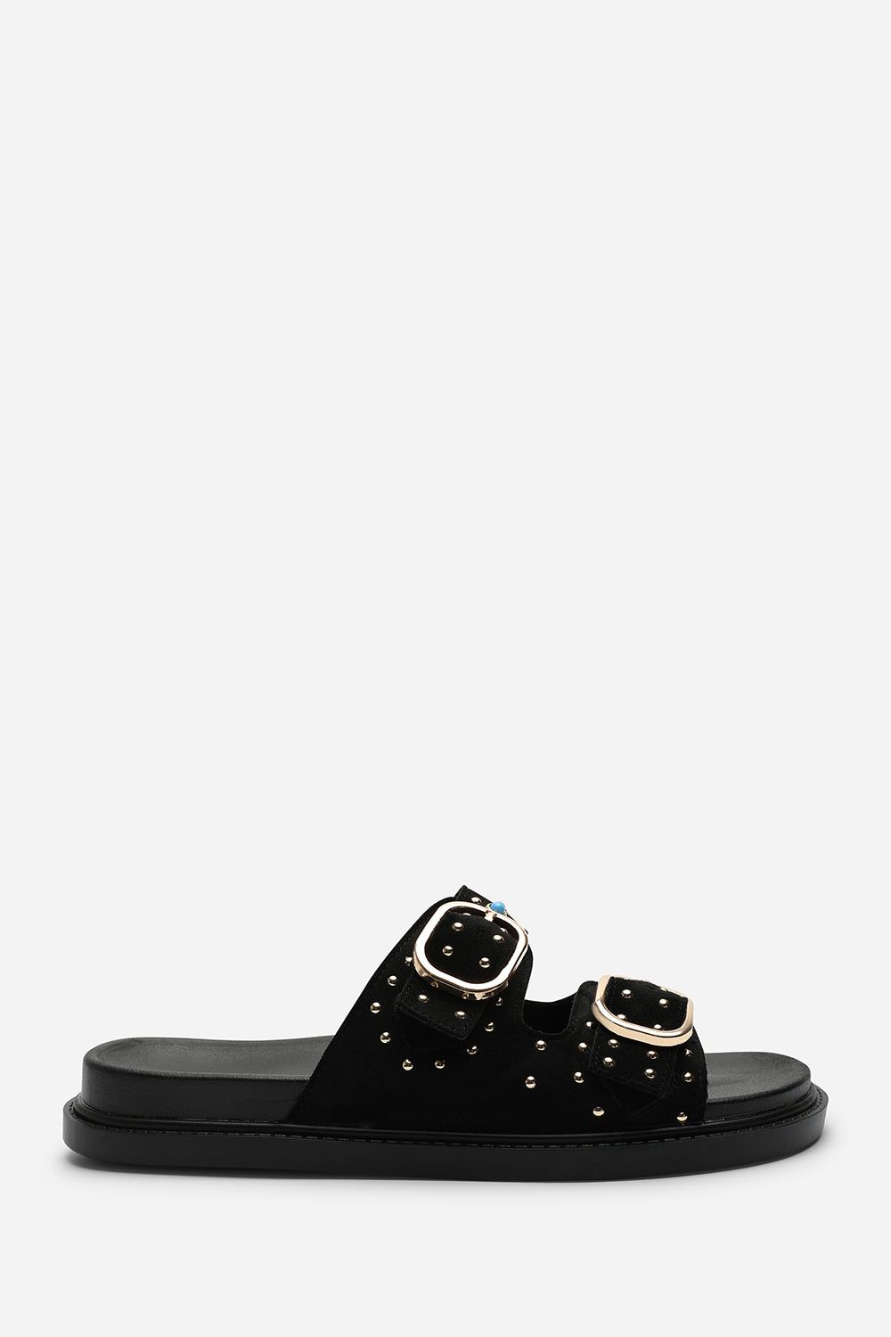 Where's That From Ceylon Diamante Stud Double Buckle Black Suede Slide On Sandal