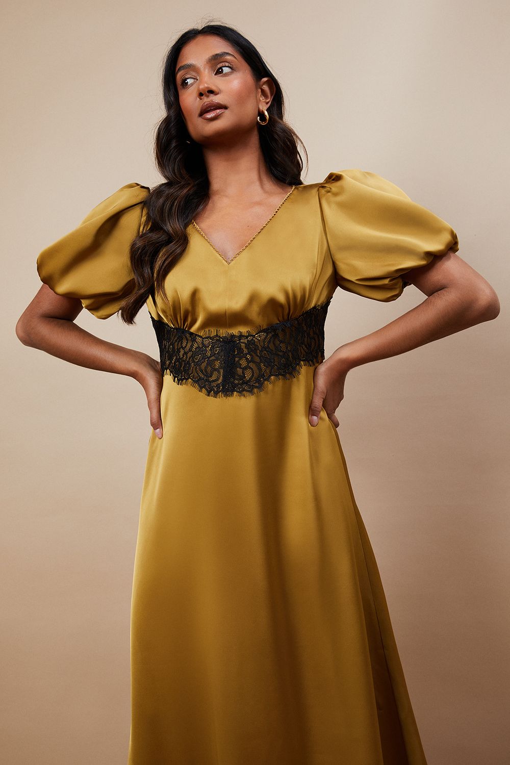 Oasis Occasion Satin Lace Waist Midi Dress