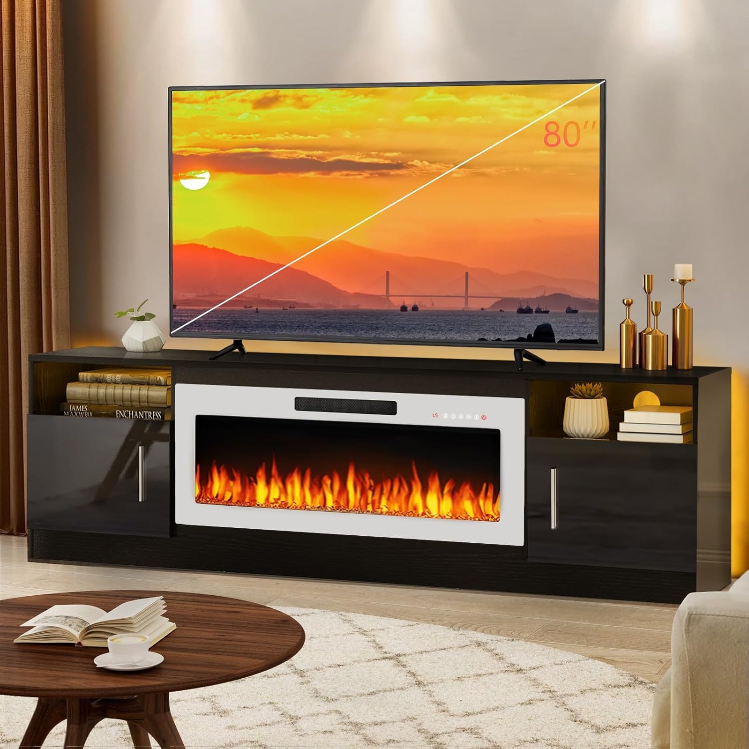 Lemberi Fireplace tv Stand with 36 inch White Fireplace Up to 80 TVs,LED Light Entertainment Center and Storage, 70 Modern Wood Media TV Console with Highlight Cabinet for Living Room
