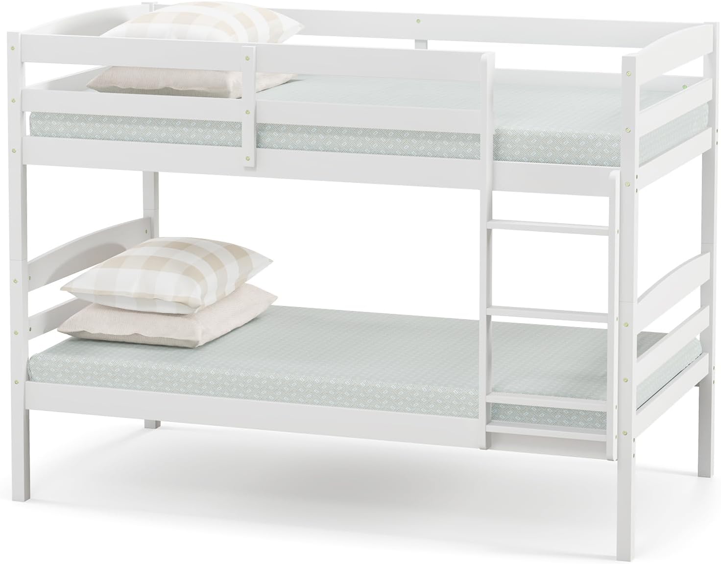 DORTALA Twin Over Twin Bunk Bed, Rubber Wood Convertible Wood Bunk Bed with Ladder Guardrail, Safety High Guardrail, Solid Wood Frame, Practical Morden Bunk Beds for Home, Dorm, Apartment, White