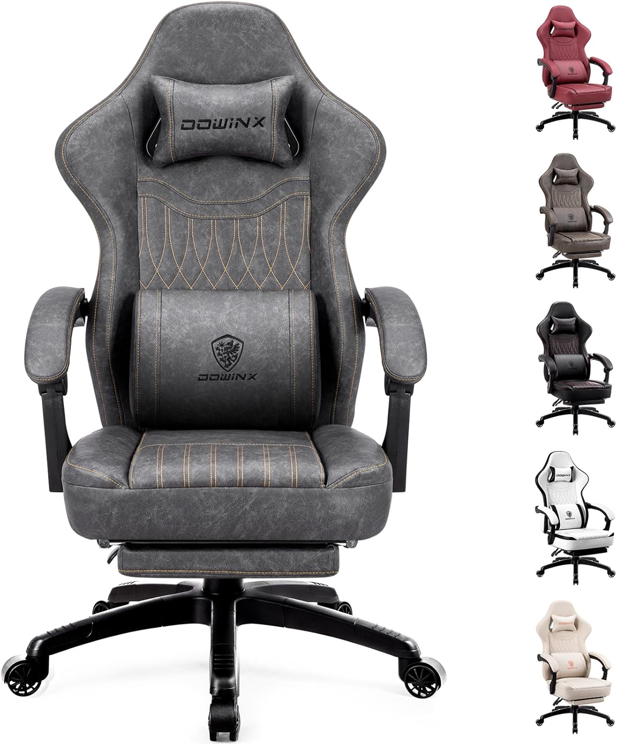 Dowinx Gaming Chair Breathable PU Leather Gamer Chair with Footrest Massage Lumbar Support, Big and Tall Ergonomic Reclining Computer Chair with Pocket Spring Cushion for Adults Teens (Grey)