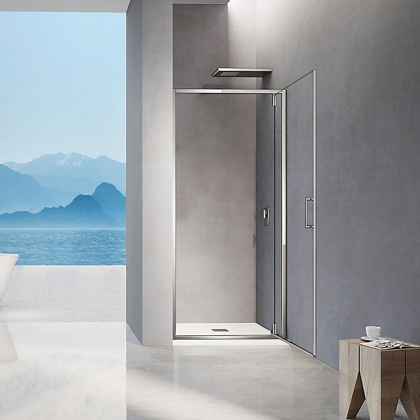 GRAND VERRE Porte de douche pivotante 76x195, profilés chromés, verre trempé