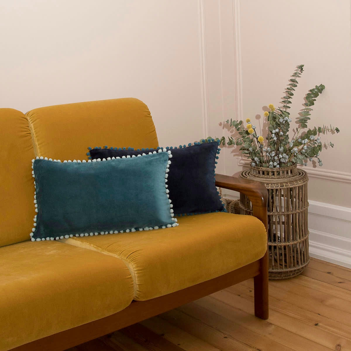 AVORIAZ - Housse de coussin velours de coton  50x30 bleu peacock