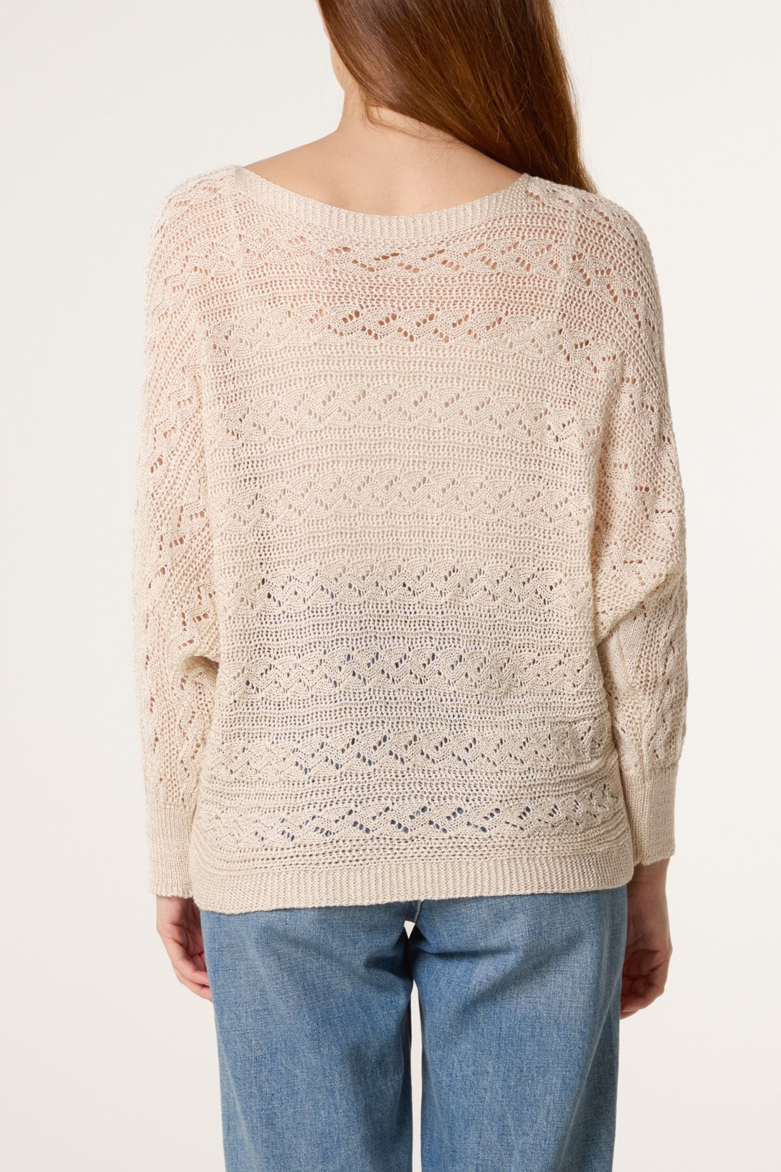 Blue Vanilla Beige Pointelle Cable Batwing Jumper