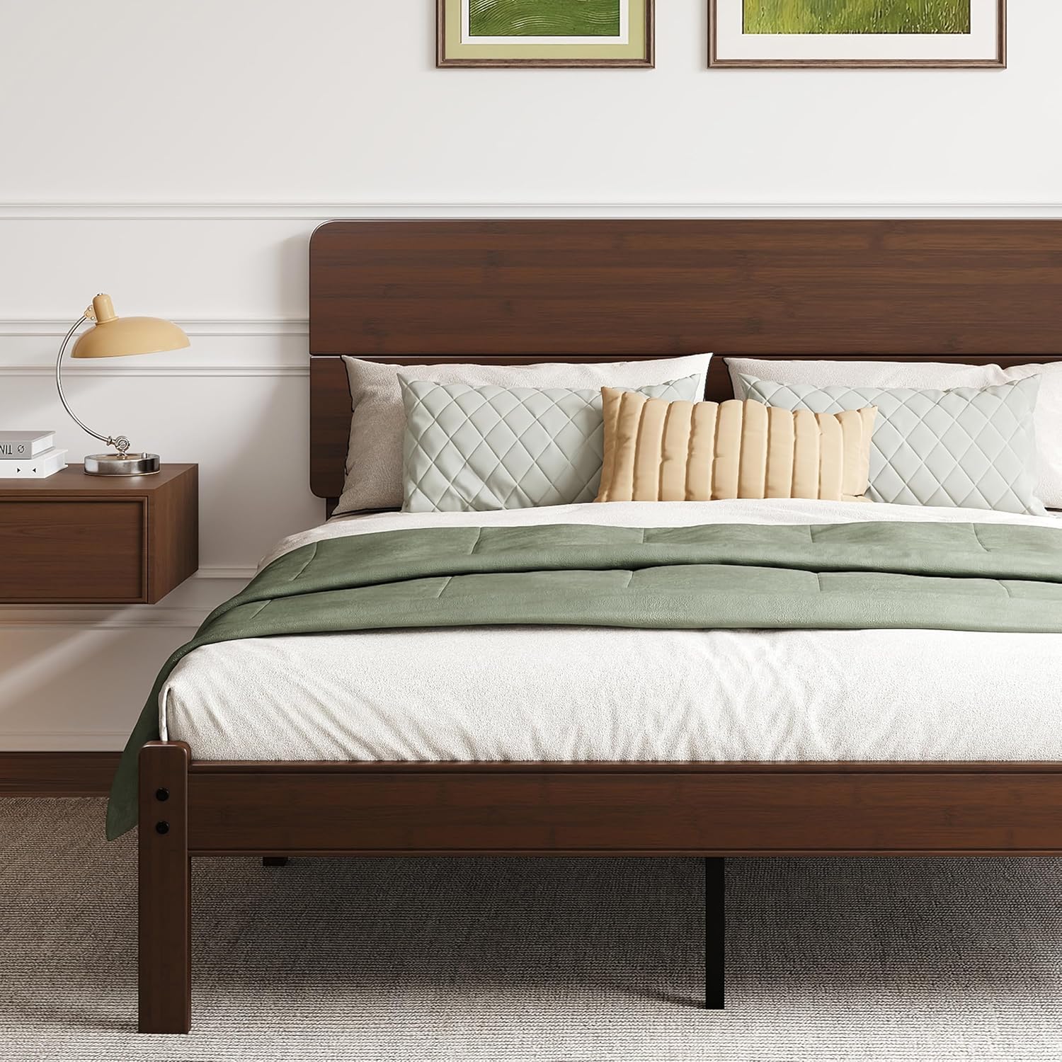 14in High Solid Bamboo Wood Platform Queen Size Bed Frame with Headboard, Reinforced Heavy Duty Metal Slats, Noise Free, No Box Spring Needed, Easy Assembly, Walnut