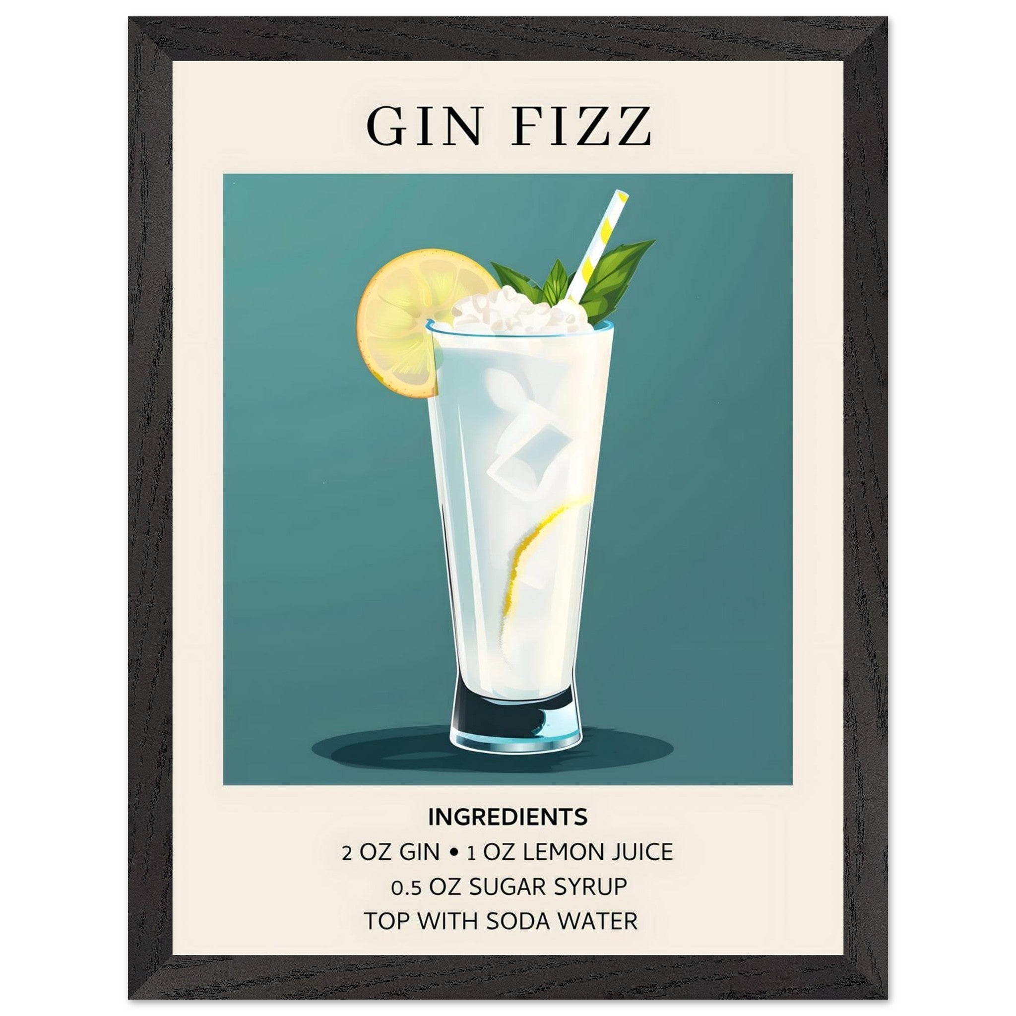 Artfulprints Poster met Lijst Gin Fizz cocktail - Ingrediënten  - 30x40 cm - Blauw