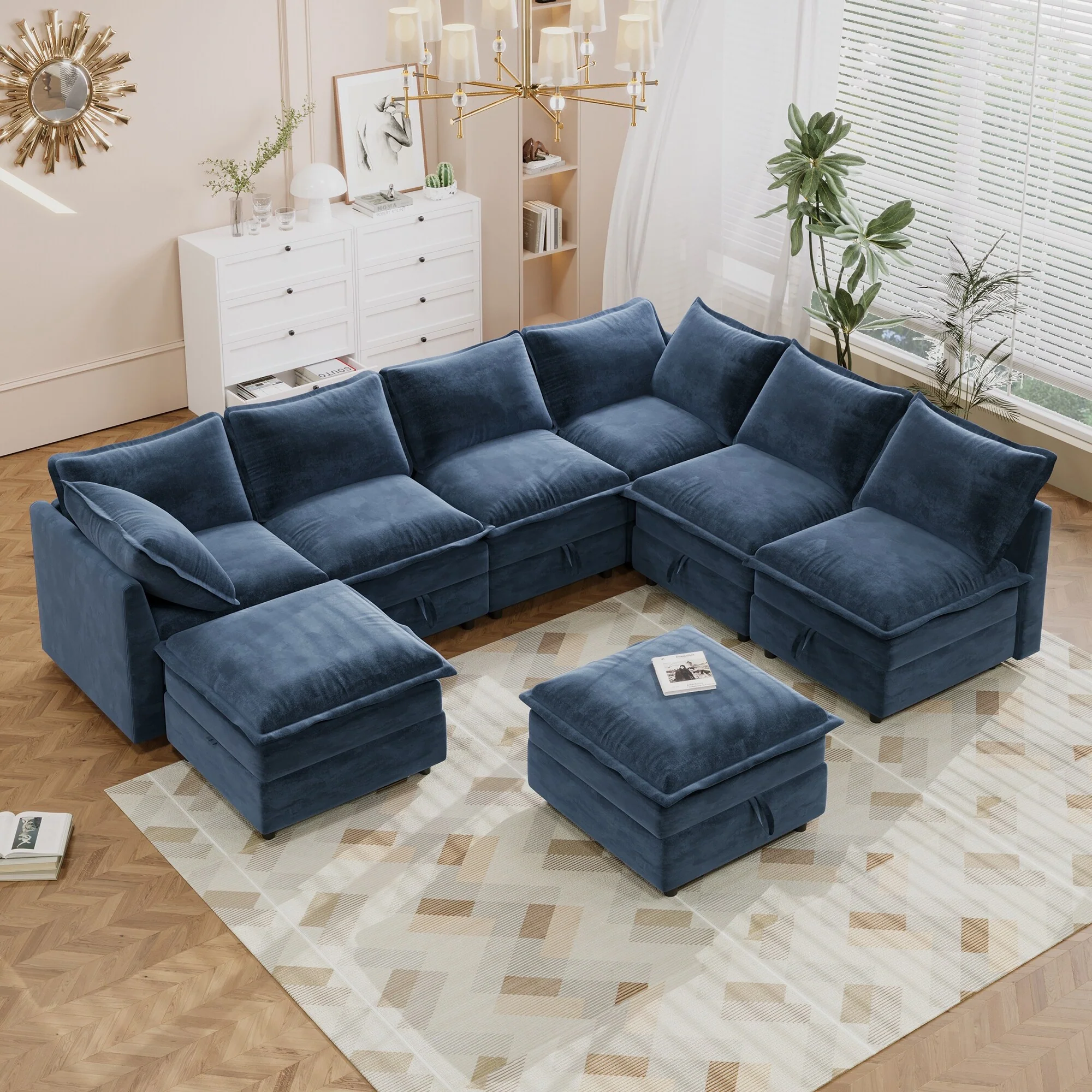 8pc Modular Sofa Bed wStorage and Ottoman, U-shape Upholstered Couch