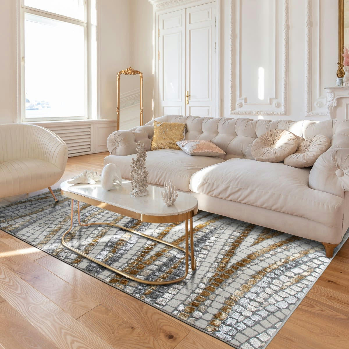 BORGES - Tapis graphique effet carreau gris or 120x170