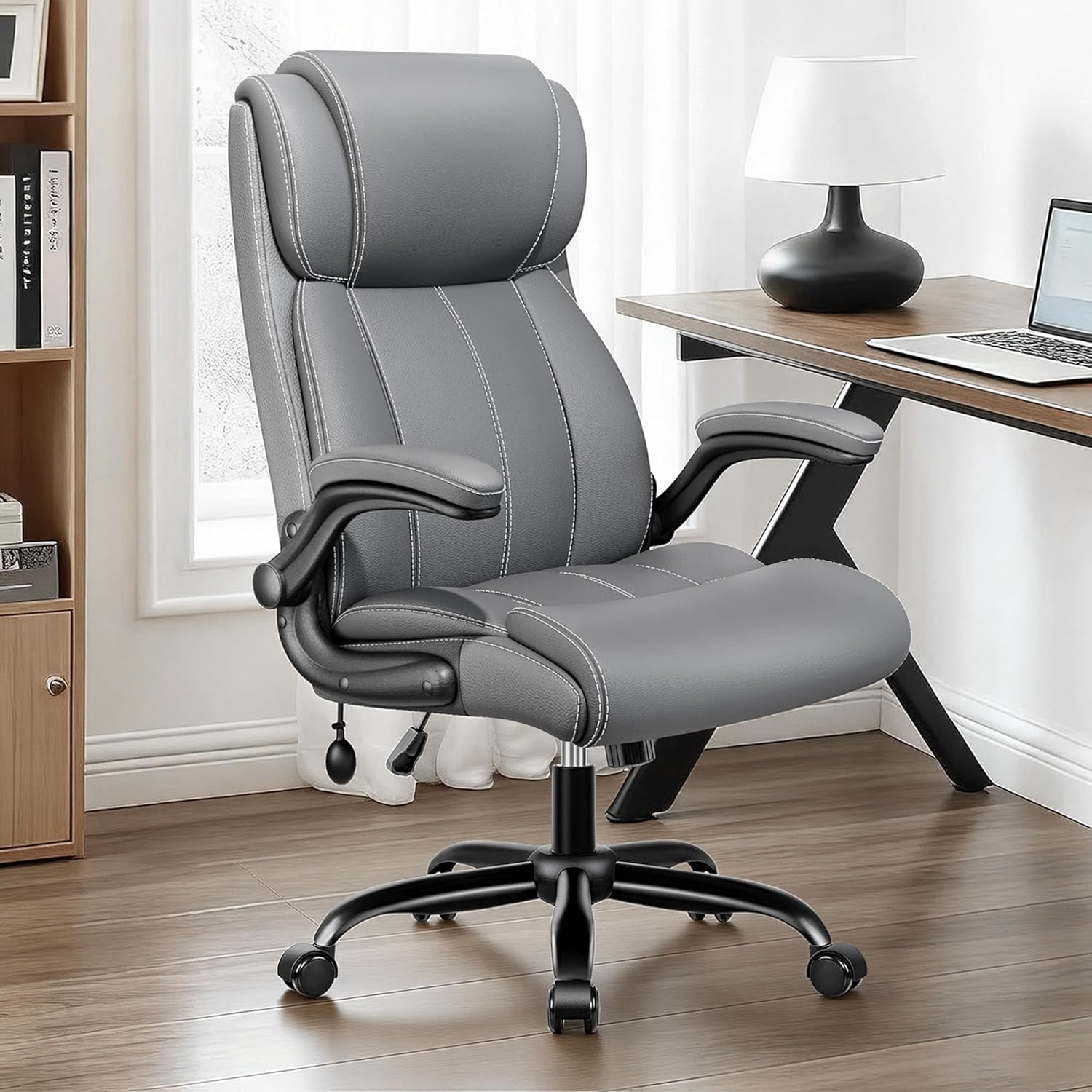 BESTFAIR Ergonomic Office Chair - Desk Computer Chair, Leather High Back Executive Chairs with Adjustable Lumbar Support for Adults, Rolling Swivel Tilt, Gray