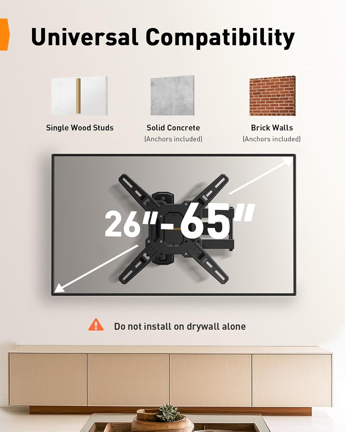Perlegear Full Motion TV Mount for Most 26–65 inch Flat or Curved TVs up to 82 lbs, Wall Mount TV Bracket with Articulating Arms, Tool-Free Tilt, Swivel, Extension, Max VESA 400x400mm, PGMF3
