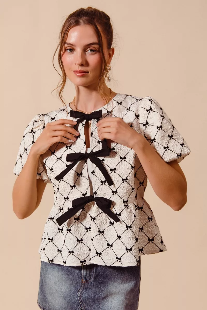 Bow Texture Woven Peplum Top With Contrast Tie
