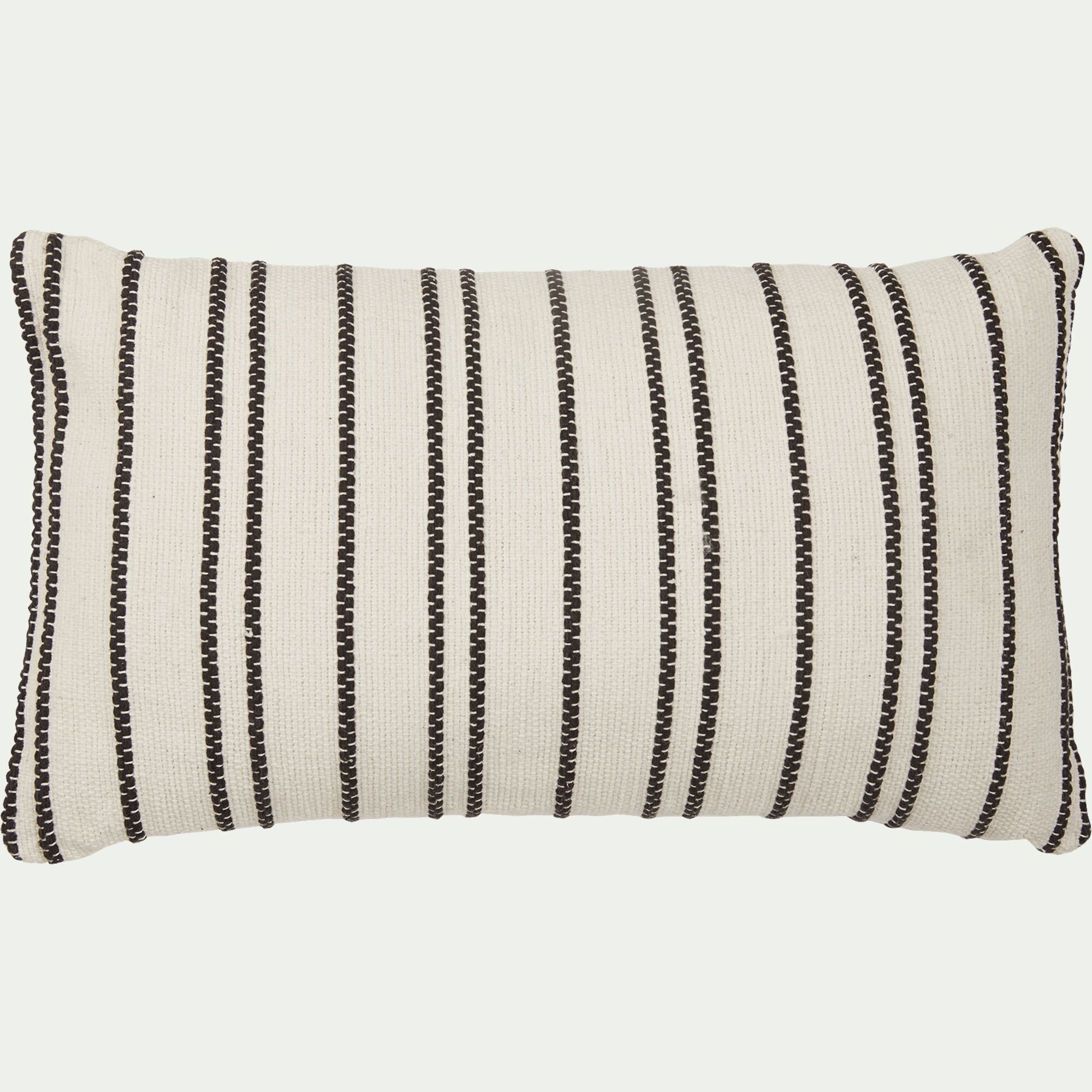 BADIANE - Coussin à rayures brodées en coton 30x50cm - noir et écru