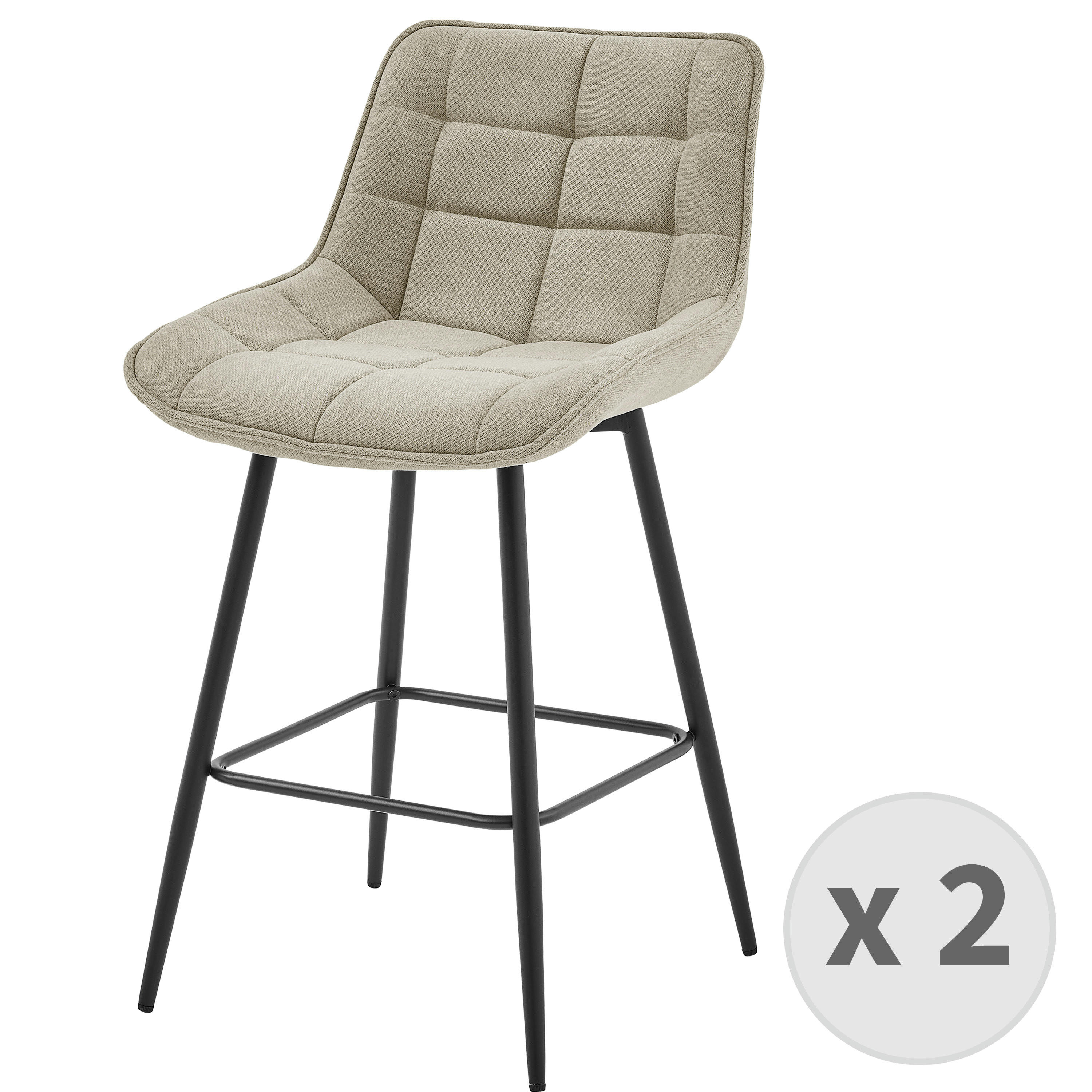 GRANT - Tabouret de bar en tissu Coloris Lin et pieds métal noir (x2)