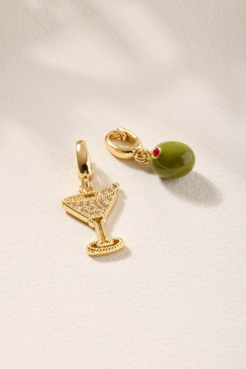 Martini Glass and Olive Charm Set Gold