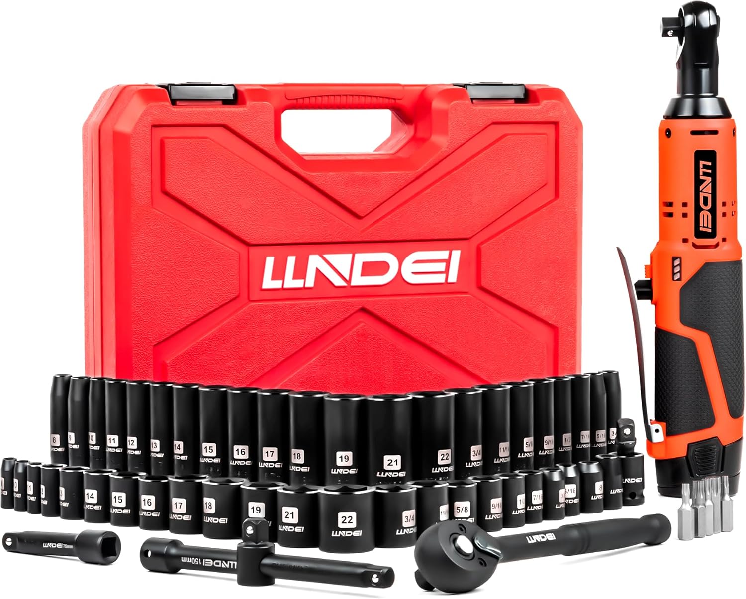 LLNDEI 3/8 58Pcs Cordless Electric Ratchet Wrench Set with Socket Set,12V High Capacity Electric Wrench(40FT-LBS(55N.M)) with Adjustable Speed, LED Light for Battery.