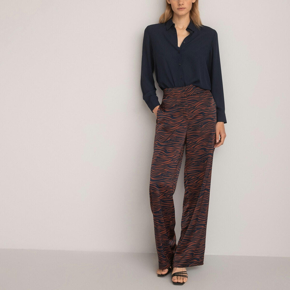 Pantalon large en satin, imprimé zèbre