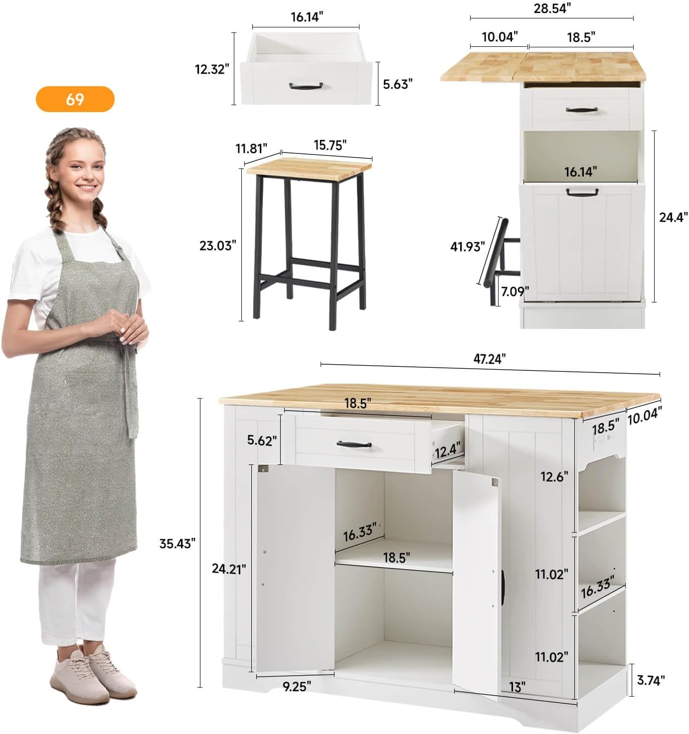 ONBRILL Stationary Kitchen Islands Include 2 Chairs, 47 Kitchen Island with Drop Leaf, Home Bar Table with Spice Rack & with Trash Cabinet, Island Table for Dining Room with Power Outlet, White