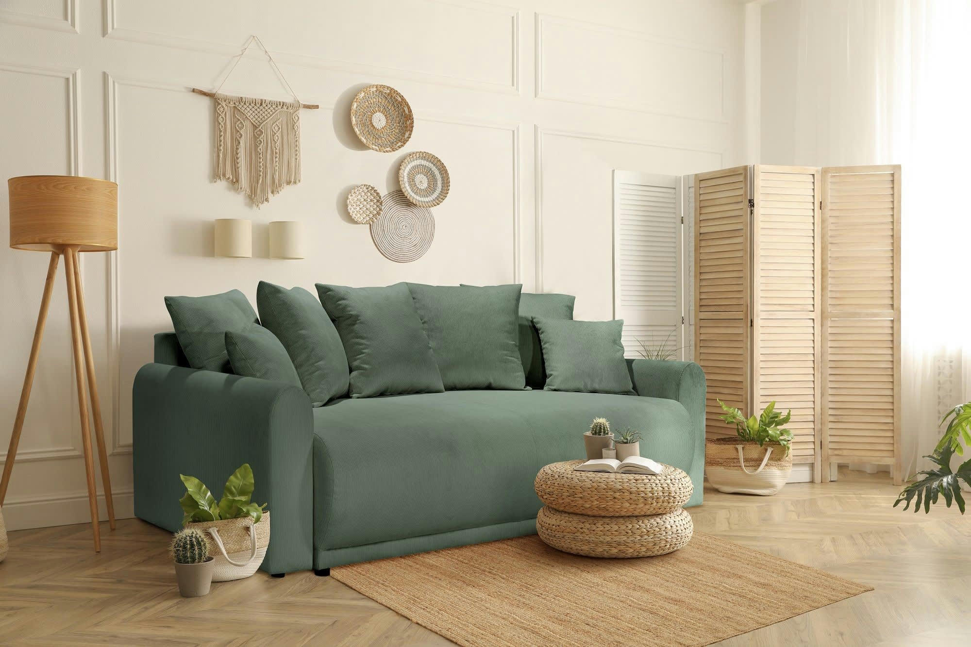 ANGE - Canapé droit convertible 3 places  en velours côtelé vert fôret