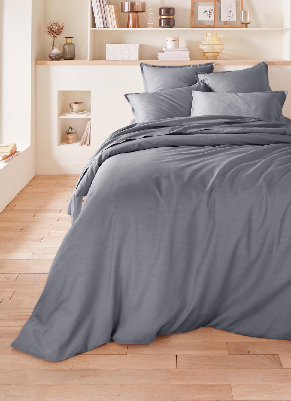 TAIE D'OREILLER EN SATIN DE COTON UNI ARDOISE