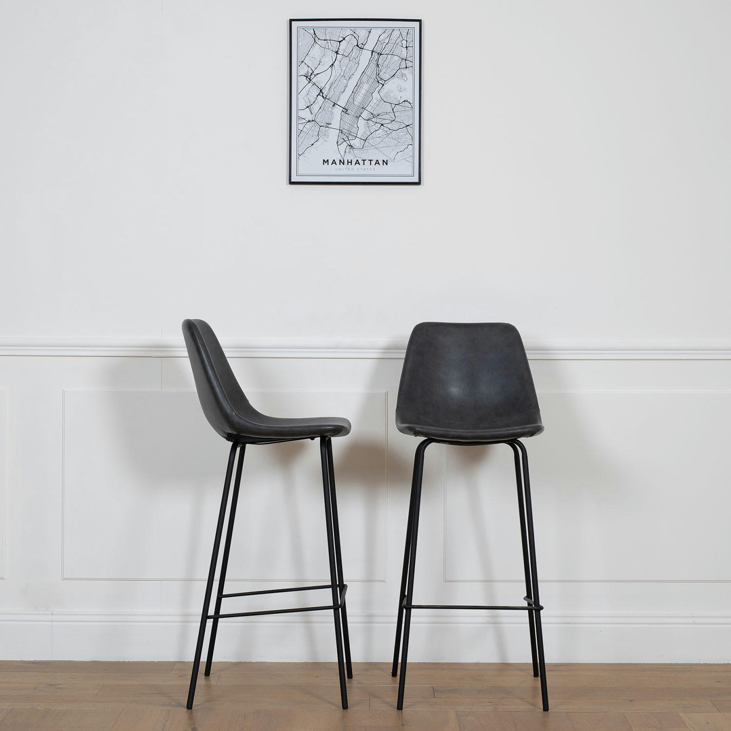 LUCIEN - Lot de 2 tabourets de bar vintage 75cm en simili cuir gris