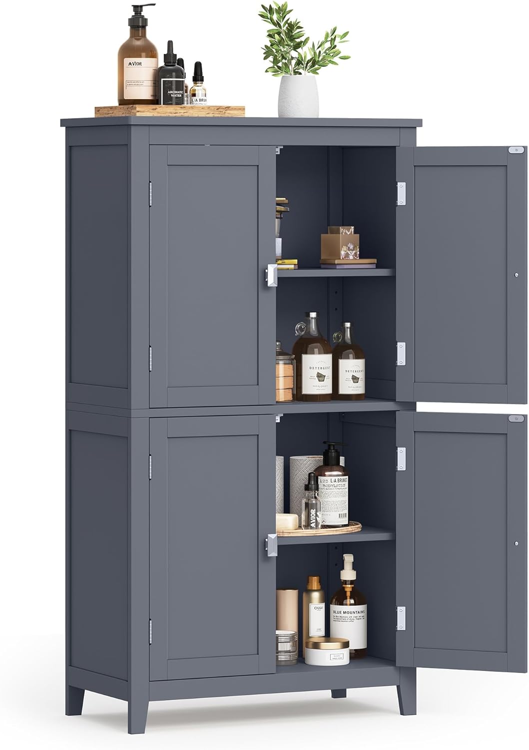VASAGLE Floor Storage Cabinet, Freestanding Storage Unit with 4 Doors, Adjustable Shelves, 11.8 x 23.6 x 43.3 Inches, for Entryway, Bathroom, Slate Gray UBBC552G01