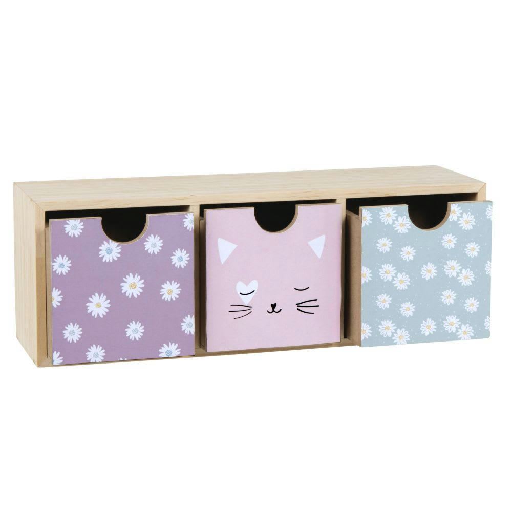 - Rangement de bureau beige 3 tiroirs rose poudré, violet et vert clair