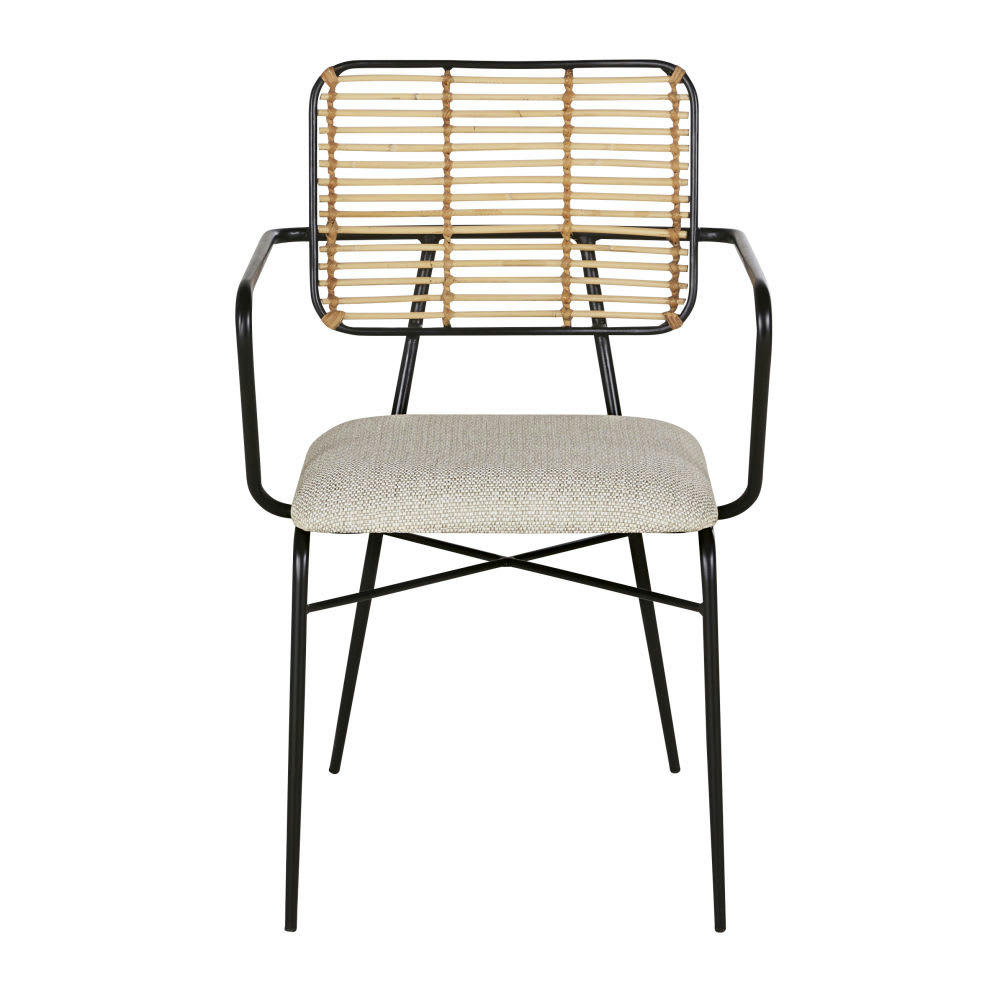 Dao - Fauteuil à dîner en rotin beige et métal noir