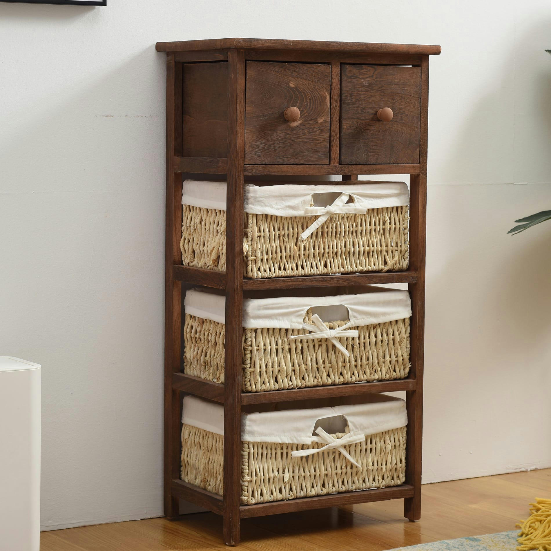 - Commode de rangement avec 5 tiroirs en bois et osier marron et beige